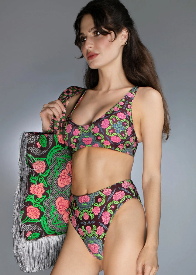 Multi-Hued Double-Layered Floral Roses Burgundy Pink Bikini-Nuvula-Urbanheer