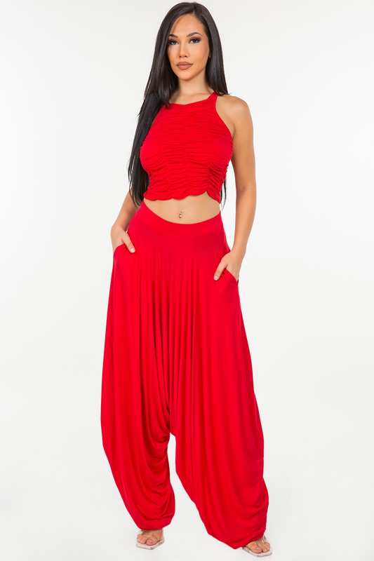 Single Jersey Cropped Ruched Top Set Red-Sets-LABIJOU-S-Urbanheer