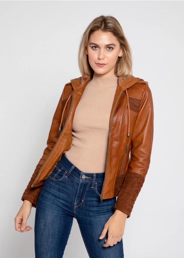 Arya Brown Suede Women Hooded Leather Jacket-Jacket-Fadcloset-Urbanheer