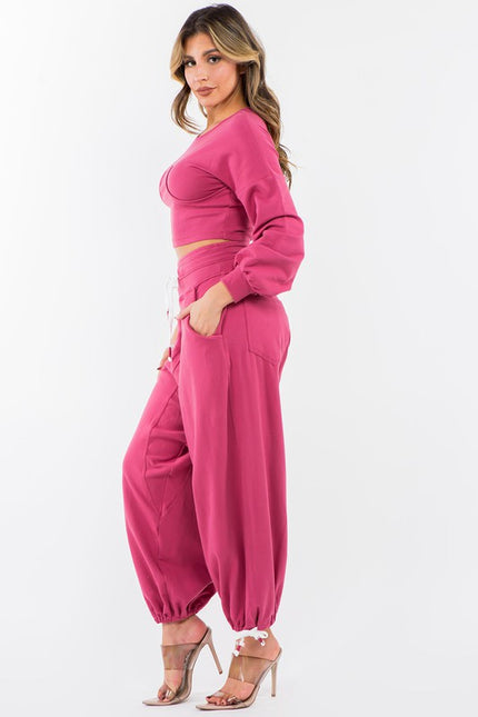 High Waisted Baggy French Terry Pants Magenta-Pants-LABIJOU-Urbanheer