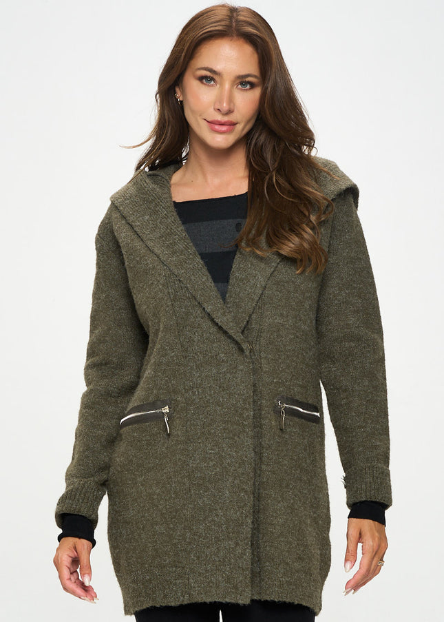 Olive Knit Open Front Cardigan With Hoodie And Zipper Detail-Renee C.-Urbanheer