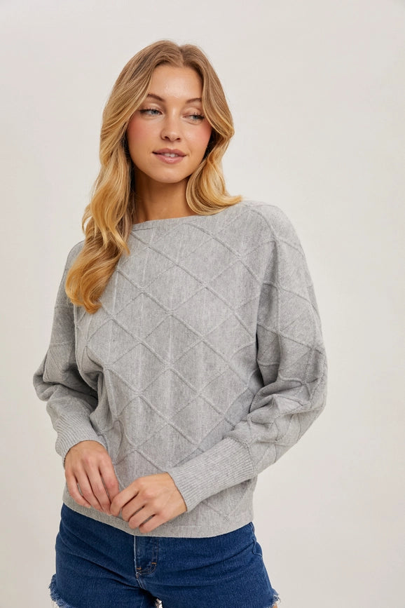 Long Sleeve Boat Neck Diamond Knit Sweater H GREY