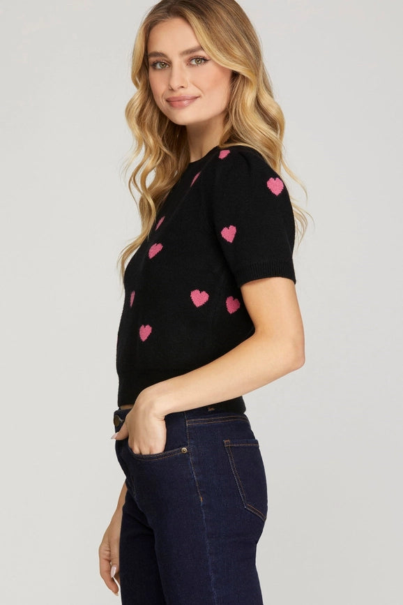 Short Puff Sleeve Heart Pattern Sweater Top