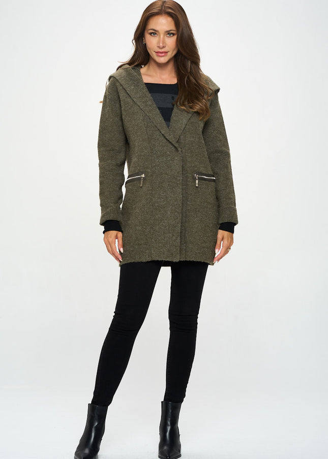 Olive Knit Open Front Cardigan With Hoodie And Zipper Detail-Renee C.-Urbanheer