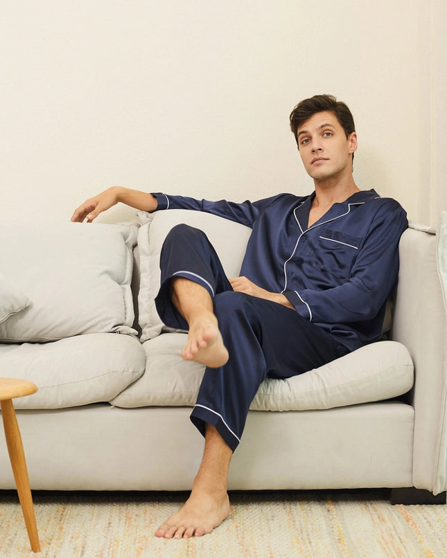 Piped Silk Pajamas - For Men Navy Blue-Pajamas-MommeSilk-Urbanheer