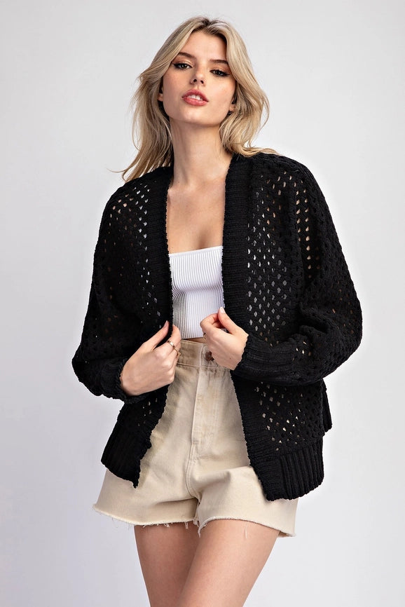 Plus - Long Sleeve Crochet Open Front Cardigan BLACK