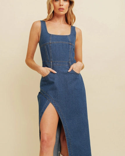 Denim Side Slit Midi Dress.-Dresses-Cloud Ten-Urbanheer