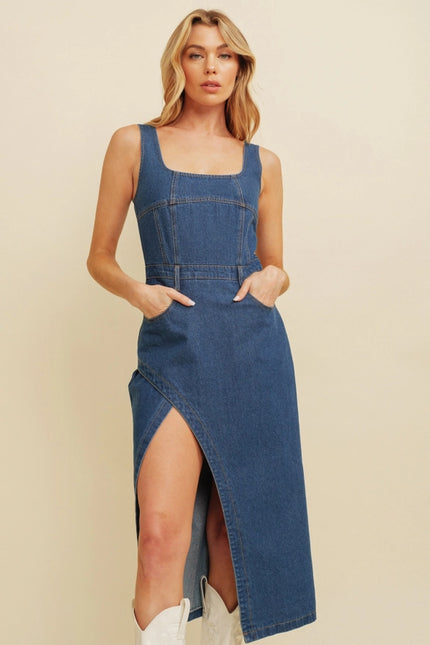 Denim Side Slit Midi Dress.-Dresses-Cloud Ten-Urbanheer