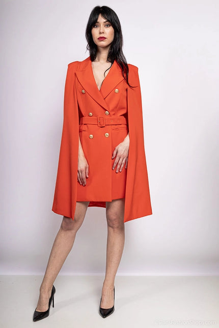 Mid-Length Cape Jacket with Belt Orange-Jacket-Attentif Paris-S-Urbanheer