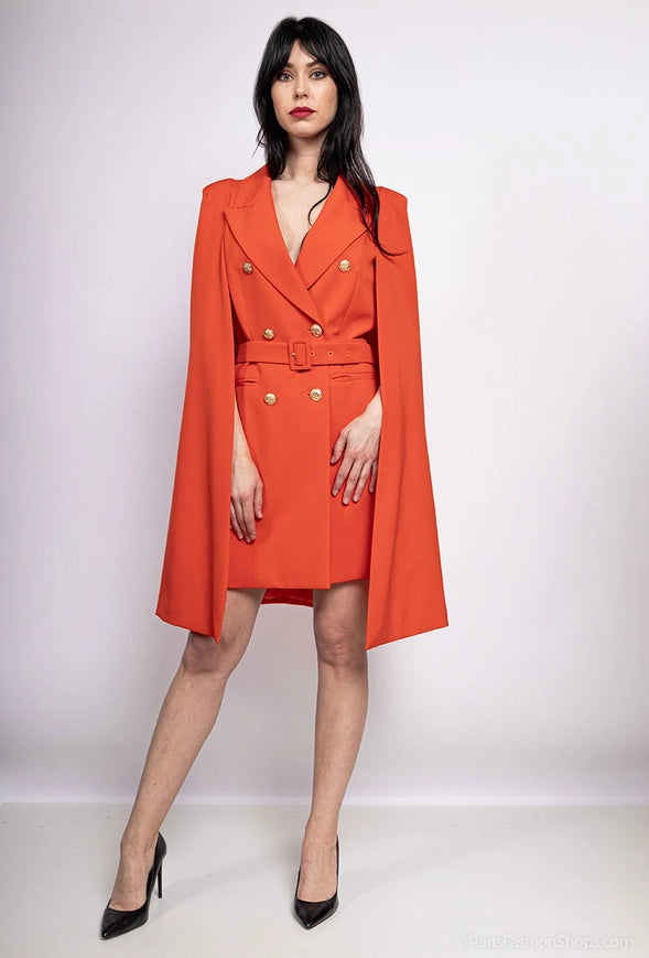 Mid-Length Cape Jacket with Belt Orange-Jacket-Attentif Paris-S-Urbanheer