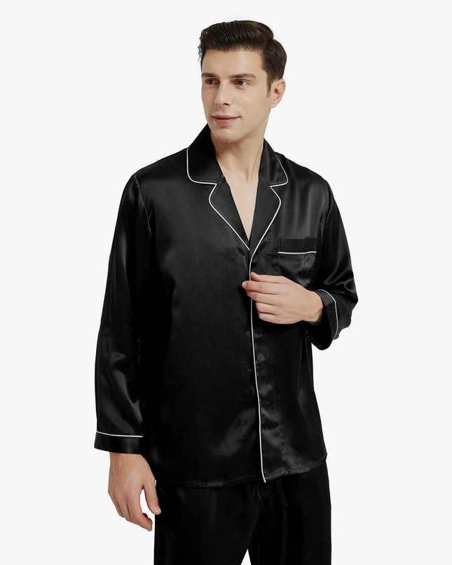 Piped Silk Pajamas - For Men Black-Pajamas-MommeSilk-Urbanheer