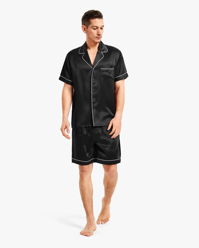 Piped Silk Short Pajamas Black-Sets-MommeSilk-Urbanheer