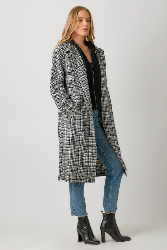 Twofer Hoodie Plaid Long Jacket Black Mix