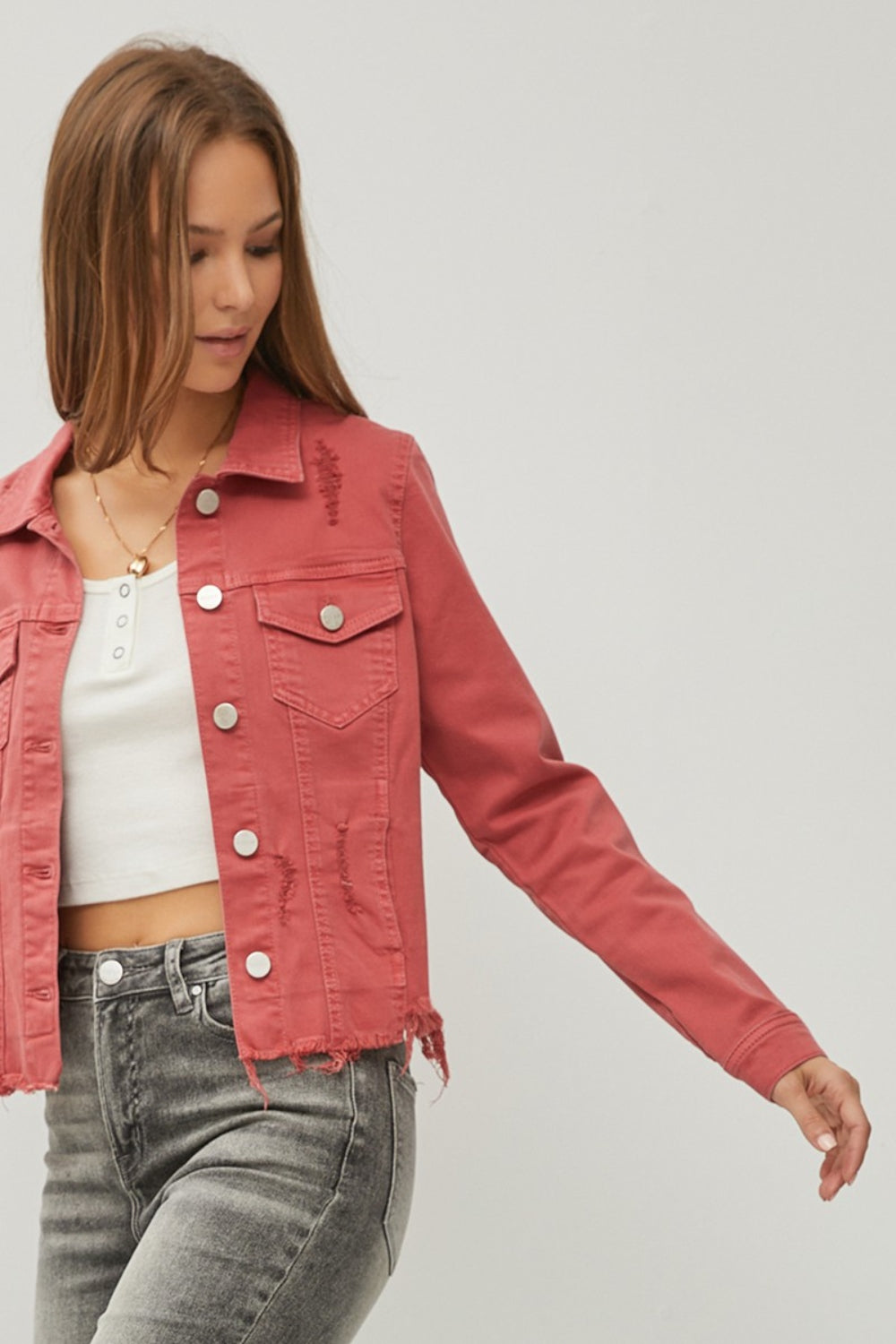 RISEN Raw Hem Button Up Cropped Denim Jacket-UHX-Urbanheer