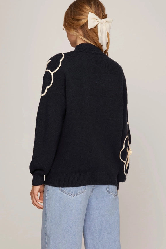 Sweater Top with Flower Embellishments NAVY