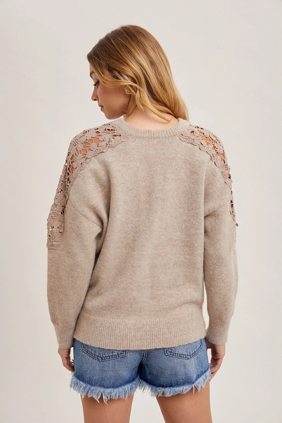 Crochet Contrast Knit Sweater Pullover MUSHROOM