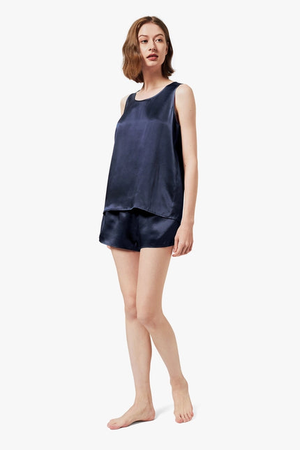 Relaxed Silk Short Pajamas Navy Blue-Pajamas-MommeSilk-Urbanheer