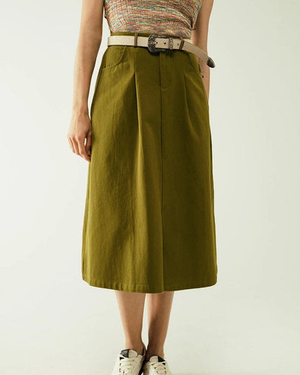 A Line Midi Khaki Skirt with Pockets in Khaki