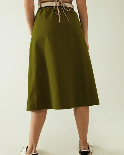 A Line Midi Khaki Skirt with Pockets in Khaki