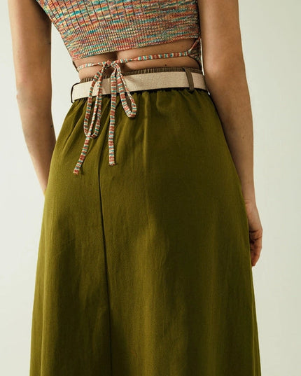 A Line Midi Khaki Skirt with Pockets in Khaki