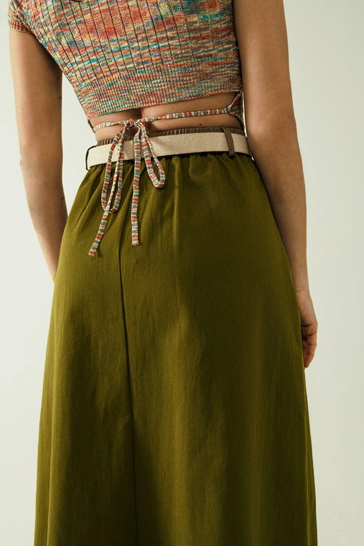 A Line Midi Khaki Skirt with Pockets in Khaki