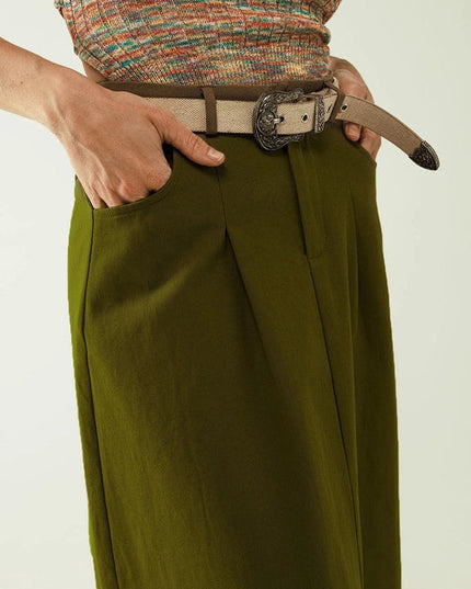 A Line Midi Khaki Skirt with Pockets in Khaki