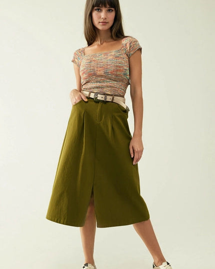 A Line Midi Khaki Skirt with Pockets in Khaki