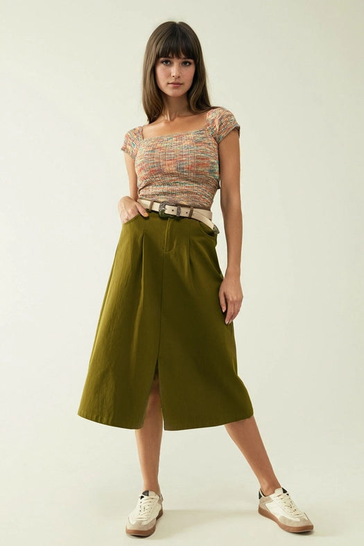 A Line Midi Khaki Skirt with Pockets in Khaki