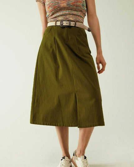 A Line Midi Khaki Skirt with Pockets in Khaki