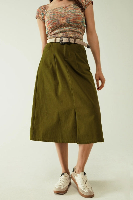 A Line Midi Khaki Skirt with Pockets in Khaki