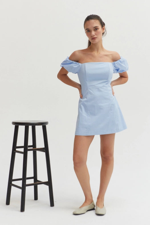 Abigail Cotton Blend Off-Shoulder Mini Dress Light Blue