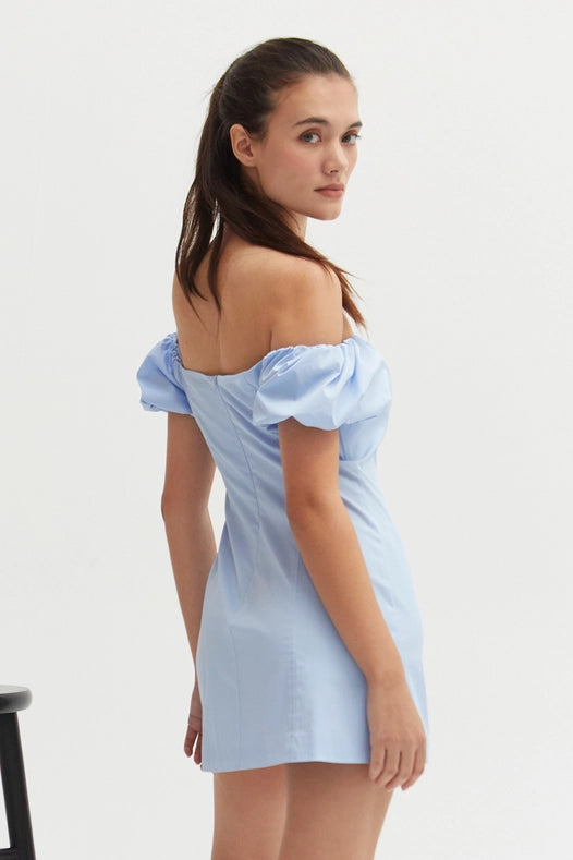 Abigail Cotton Blend Off-Shoulder Mini Dress Light Blue