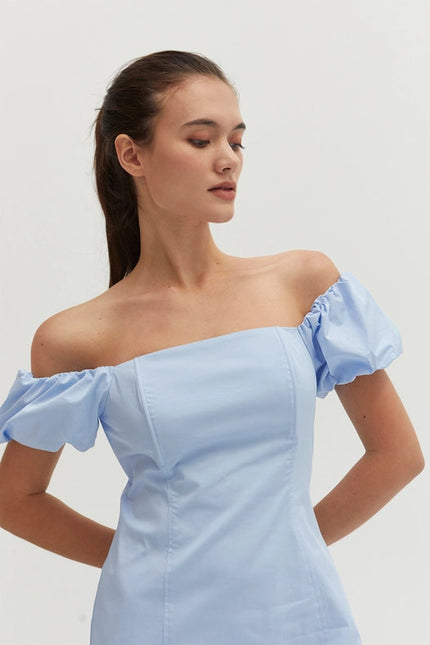 Abigail Cotton Blend Off-Shoulder Mini Dress Light Blue