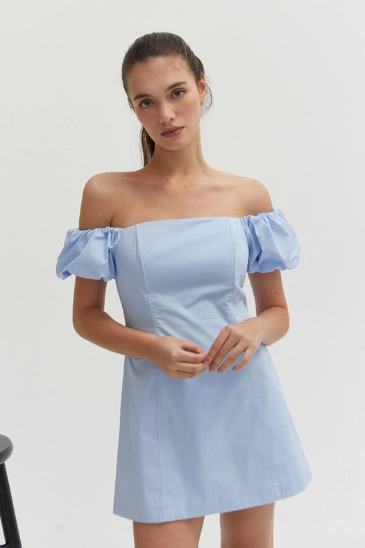 Abigail Cotton Blend Off-Shoulder Mini Dress Light Blue