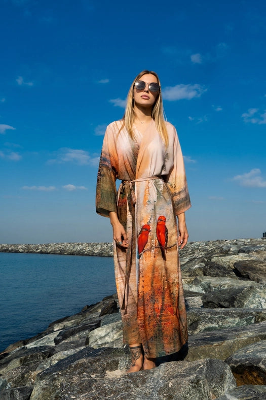 Abstract Aviators Bird Abstract Print Long Kimono Dress