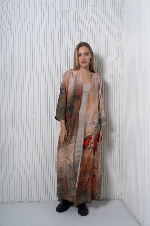 Abstract Aviators Bird Abstract Print Long Kimono Dress