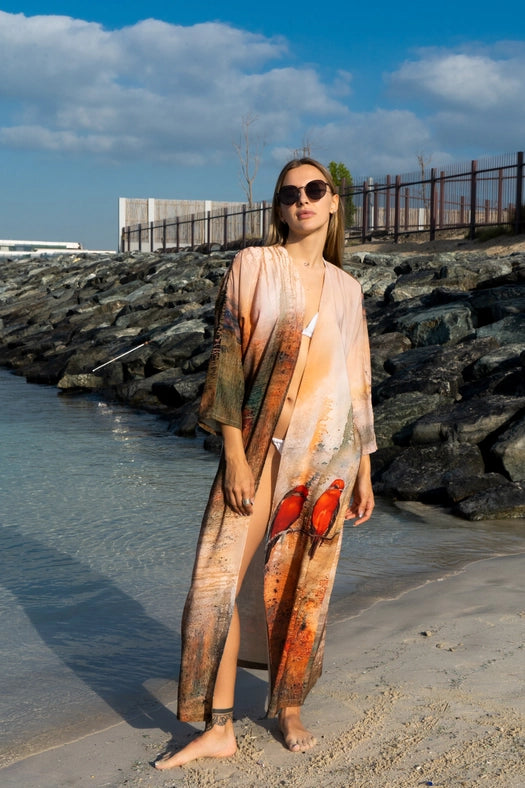 Abstract Aviators Bird Abstract Print Long Kimono Dress