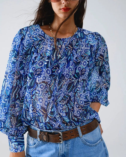 Abstract Print Blouse with Balloon Sleeves in Blue