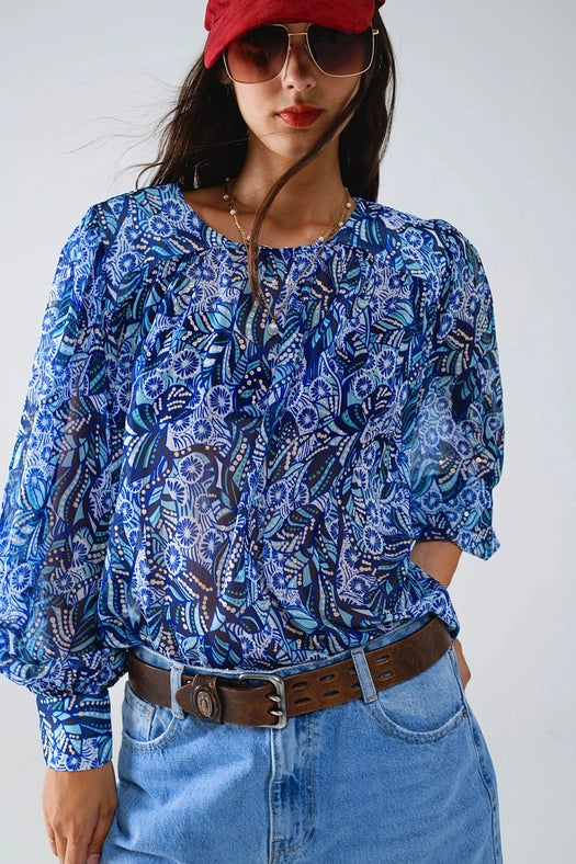 Abstract Print Blouse with Balloon Sleeves in Blue