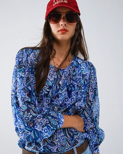 Abstract Print Blouse with Balloon Sleeves in Blue