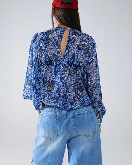 Abstract Print Blouse with Balloon Sleeves in Blue