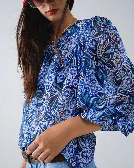 Abstract Print Blouse with Balloon Sleeves in Blue