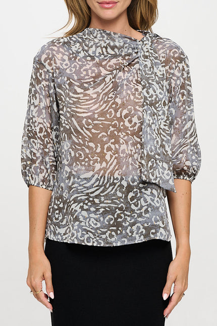 Abstract Print Sheer 3/4 Sleeve with Scarf Detail-2