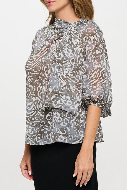 Abstract Print Sheer 3/4 Sleeve with Scarf Detail-3