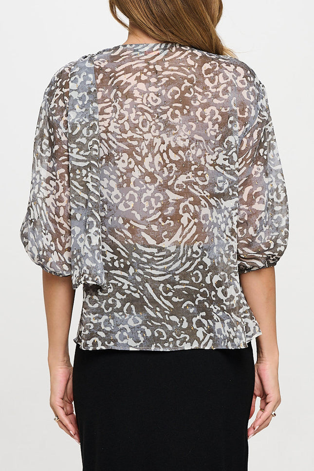 Abstract Print Sheer 3/4 Sleeve with Scarf Detail-4