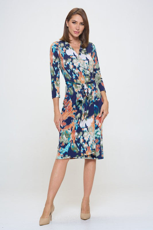 Abstract Print V neck Jersey Wrap Dress with Tie-1