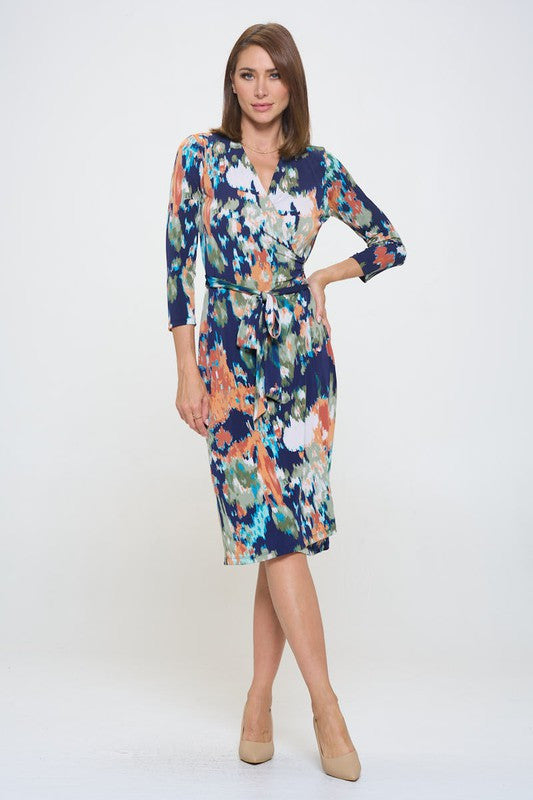 Abstract Print V neck Jersey Wrap Dress with Tie-2