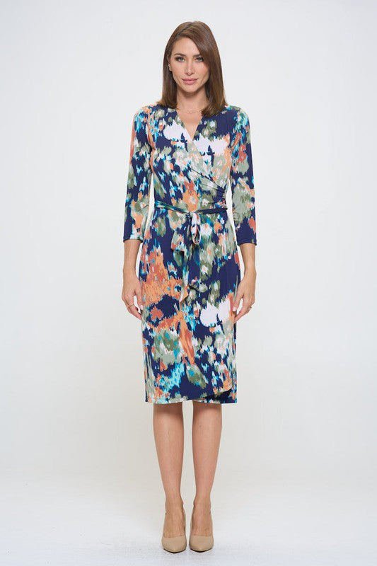 Abstract Print V neck Jersey Wrap Dress with Tie-3