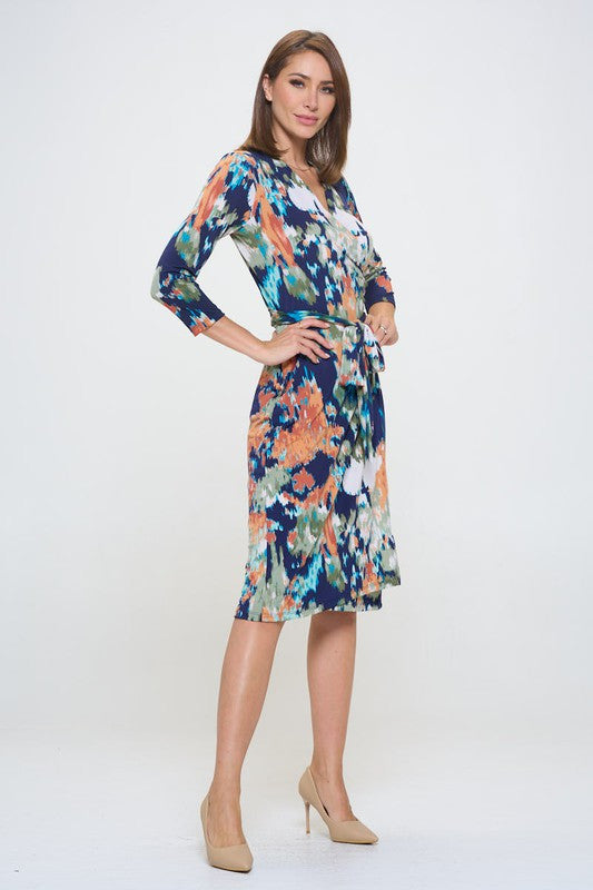 Abstract Print V neck Jersey Wrap Dress with Tie-4