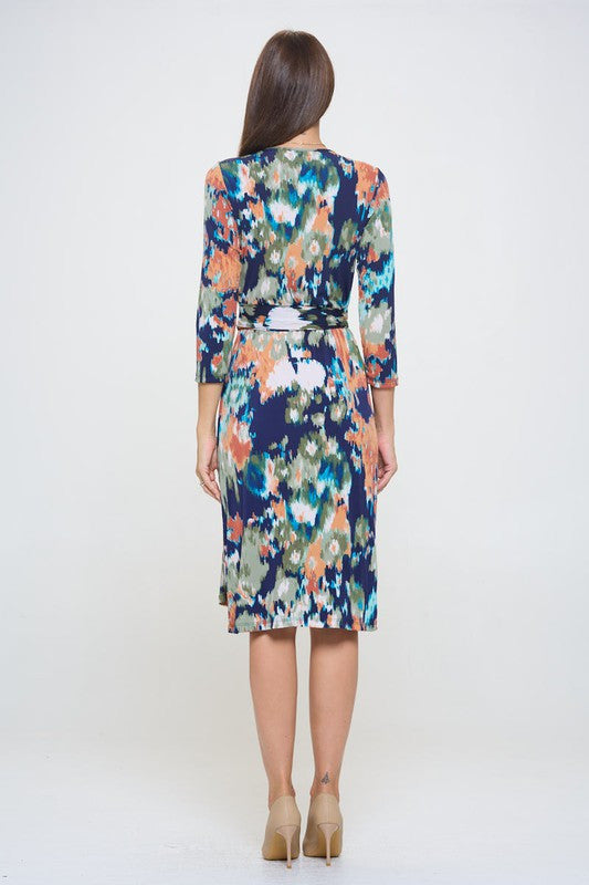 Abstract Print V neck Jersey Wrap Dress with Tie-5